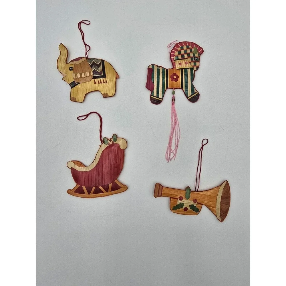 4 Vtg‎ Painted Straw Christmas Ornaments Double Sided Colorful Horse Elephant